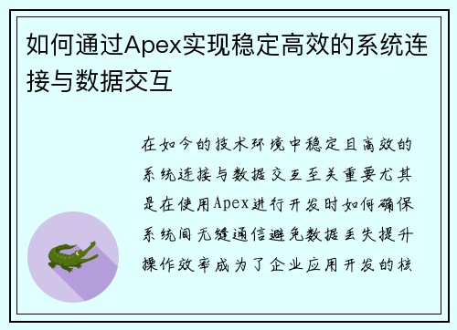 如何通过Apex实现稳定高效的系统连接与数据交互